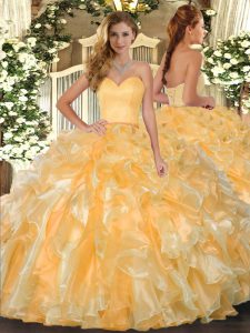 Latest Gold Sleeveless Organza Lace Up Sweet 16 Quinceanera Dress for Military Ball and Sweet 16 and Quinceanera