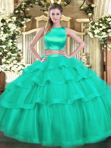 New Style Turquoise Two Pieces High-neck Sleeveless Tulle Floor Length Criss Cross Ruffled Layers Quinceanera Dress