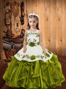 Olive Green Sleeveless Embroidery and Ruffles Floor Length Little Girl Pageant Dress