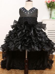 Sleeveless High Low Beading and Ruffles and Bowknot Zipper Winning Pageant Gowns with Black