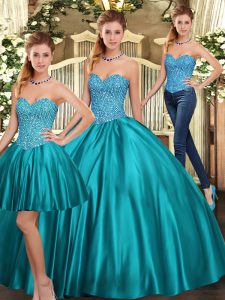 Captivating Teal Sleeveless Floor Length Beading Lace Up Quinceanera Dresses