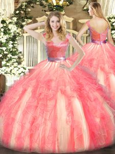Watermelon Red Quinceanera Dress Military Ball and Sweet 16 and Quinceanera with Beading and Ruffles V-neck Sleeveless Zipper