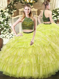 Sleeveless Floor Length Beading and Ruffled Layers Zipper 15 Quinceanera Dress with Yellow Green