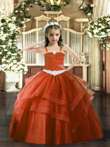 Beauteous Rust Red Lace Up Pageant Dress for Girls Appliques and Ruffled Layers Sleeveless Floor Length