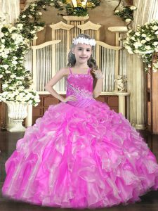 Rose Pink Organza Lace Up Straps Sleeveless Floor Length Pageant Gowns For Girls Beading and Ruffles and Sequins