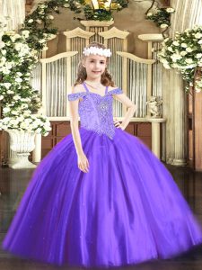 Lavender Ball Gowns Beading Custom Made Pageant Dress Lace Up Tulle Sleeveless Floor Length