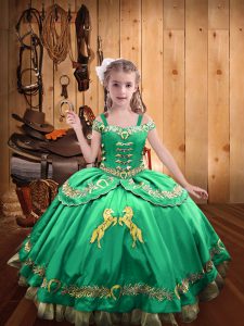 Pretty Off The Shoulder Sleeveless Satin Little Girl Pageant Dress Beading and Embroidery Lace Up