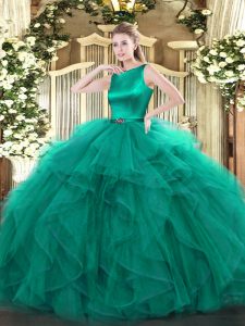 Free and Easy Sleeveless Organza Floor Length Clasp Handle Quince Ball Gowns in Turquoise with Ruffles