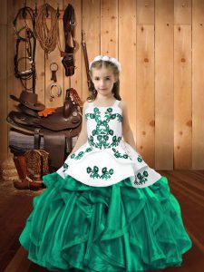 Best Turquoise Straps Lace Up Embroidery and Ruffles Pageant Gowns For Girls Sleeveless