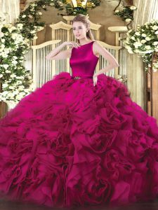 Scoop Sleeveless Sweet 16 Quinceanera Dress Floor Length Belt Fuchsia Fabric With Rolling Flowers