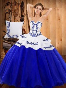 Unique Royal Blue Lace Up Strapless Embroidery Sweet 16 Dresses Tulle Sleeveless