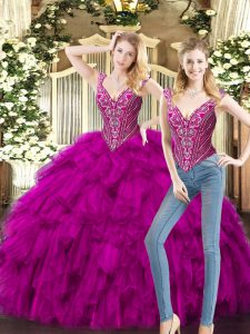 Ideal Fuchsia Lace Up V-neck Beading and Ruffles Quinceanera Gown Organza Sleeveless