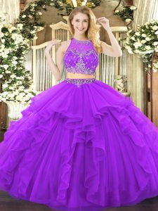 Graceful Floor Length Purple Sweet 16 Quinceanera Dress Tulle Sleeveless Beading and Ruffles