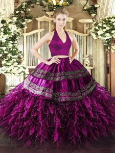 Floor Length Zipper Military Ball Dresses Fuchsia for Military Ball and Sweet 16 and Quinceanera with Appliques and Ruffles