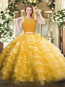 Gold Sleeveless Lace and Ruffled Layers Floor Length Sweet 16 Quinceanera Dress