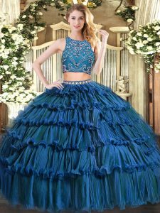 Eye-catching Teal Two Pieces Beading and Ruffled Layers Sweet 16 Dress Zipper Tulle Sleeveless Floor Length