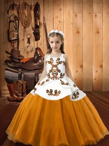 Great Orange Ball Gowns Organza Straps Sleeveless Embroidery Floor Length Lace Up Custom Made Pageant Dress