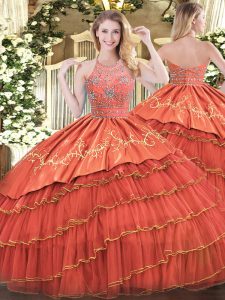 Shining Ball Gowns Sweet 16 Dress Rust Red Halter Top Satin and Organza Sleeveless Floor Length Zipper