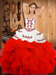 Noble Sleeveless Floor Length Embroidery and Ruffles Lace Up Vestidos de Quinceanera with White And Red