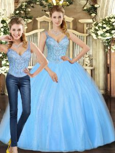 Beading Quinceanera Dresses Baby Blue Lace Up Sleeveless Floor Length
