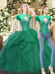 Smart Dark Green Ball Gowns Sweetheart Sleeveless Tulle Floor Length Lace Up Beading and Ruffles Ball Gown Prom Dress