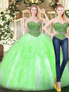 Exquisite Yellow Green Ball Gowns Sweetheart Sleeveless Tulle Floor Length Lace Up Beading and Ruffles Quinceanera Gowns