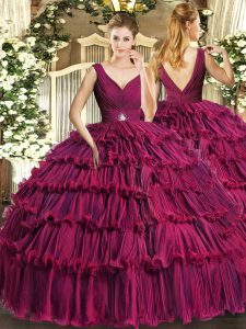 Delicate Sleeveless Organza Floor Length Backless Sweet 16 Dress in Fuchsia with Beading and Ruffled Layers