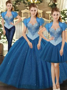 Teal Ball Gowns Tulle Straps Sleeveless Beading Floor Length Lace Up 15th Birthday Dress