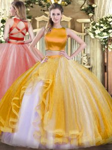 Gold Two Pieces Ruffles Quince Ball Gowns Criss Cross Tulle Sleeveless Floor Length