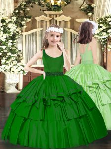 Dark Green Sleeveless Organza Zipper Little Girl Pageant Dress for Party and Quinceanera