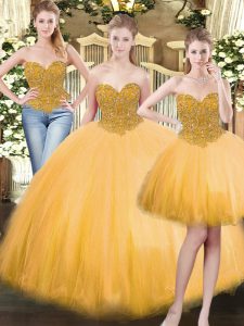 Floor Length Gold Ball Gown Prom Dress Sweetheart Sleeveless Lace Up