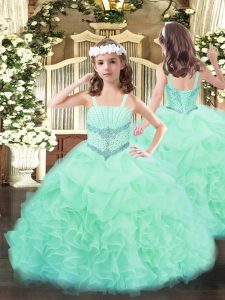 Wonderful Apple Green Little Girl Pageant Gowns Party and Quinceanera with Beading and Ruffles and Pick Ups Straps Sleeveless Lace Up