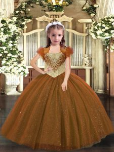 Brown Ball Gowns Beading Pageant Gowns Lace Up Tulle Sleeveless Floor Length