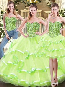 Fine Sleeveless Organza Floor Length Lace Up Quinceanera Gown in Yellow Green with Ruffled Layers