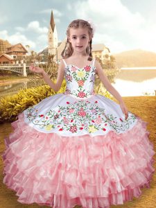 Custom Made Baby Pink Sleeveless Embroidery and Ruffled Layers Floor Length Little Girl Pageant Gowns