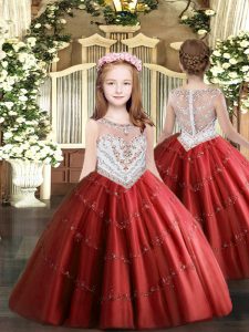 Charming Ball Gowns Little Girl Pageant Gowns Red Scoop Tulle Sleeveless Floor Length Zipper