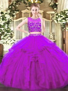 Purple Two Pieces Tulle Scoop Sleeveless Beading and Ruffles Floor Length Zipper Quince Ball Gowns