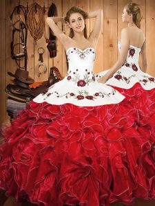 Ball Gowns Sweet 16 Dress White And Red Halter Top Satin and Organza Sleeveless Floor Length Lace Up