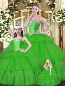 Sleeveless Organza Floor Length Lace Up Quinceanera Gowns in Green with Beading and Ruffled Layers