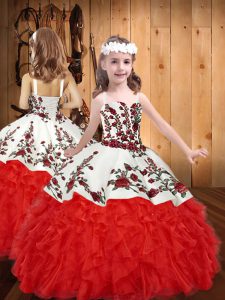 Floor Length Red Little Girls Pageant Dress Organza Sleeveless Embroidery and Ruffles