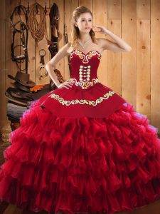 Super Satin and Organza Sweetheart Sleeveless Lace Up Embroidery and Ruffled Layers Sweet 16 Dress in Wine Red