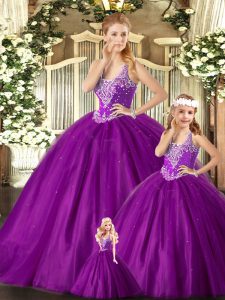 Hot Sale Purple Ball Gowns Tulle Straps Sleeveless Beading Floor Length Lace Up Quinceanera Dress