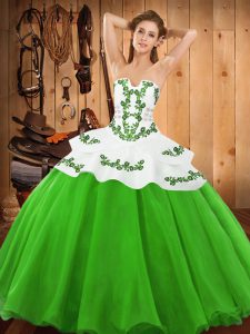 Graceful Green Ball Gowns Strapless Sleeveless Satin and Organza Floor Length Lace Up Embroidery Quinceanera Dress