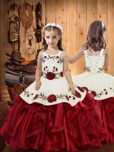 Fancy Floor Length Ball Gowns Sleeveless Wine Red Kids Formal Wear Lace Up