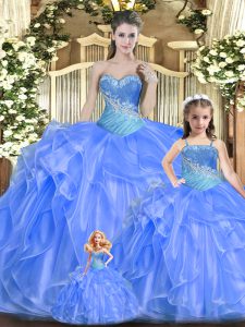 Clearance Sleeveless Floor Length Beading and Ruffles Lace Up Vestidos de Quinceanera with Baby Blue