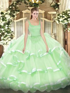 Apple Green Straps Zipper Beading and Ruffled Layers 15 Quinceanera Dress Sleeveless