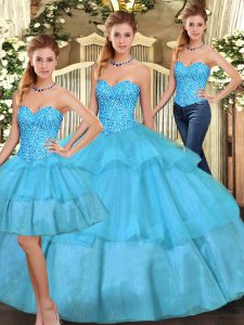 Super Beading and Ruffled Layers Sweet 16 Dresses Aqua Blue Lace Up Sleeveless Floor Length