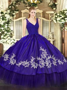 Romantic Purple Sweet 16 Dresses Military Ball and Sweet 16 and Quinceanera with Beading and Lace and Appliques V-neck Sleeveless Backless