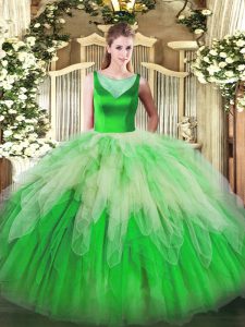 Top Selling Multi-color Tulle Side Zipper Scoop Sleeveless Floor Length Quince Ball Gowns Beading and Ruffles