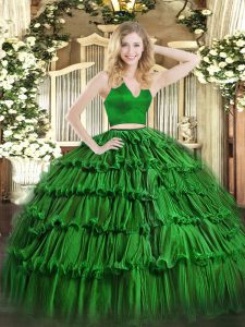 Green Zipper Halter Top Ruffled Layers Quinceanera Gown Organza Sleeveless